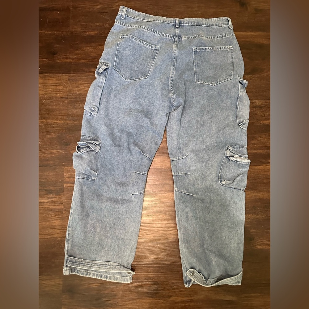 Women's Relaxed Fit Cargo Jean Pants in Blue Comfy Oversized #E12 - Picture 3 of 5